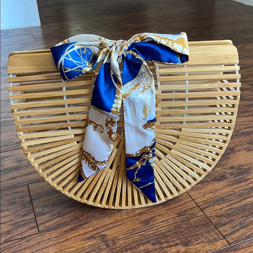 Bamboo Clutch with Blue and White Scarf